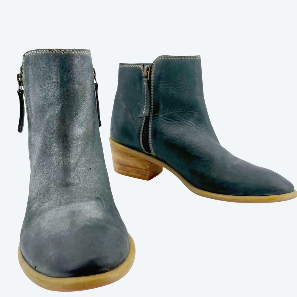 ROAN Bed Stu Liz Ankle Boots 9 Blu Gray Distressed Leather Dual Zip Block Heel